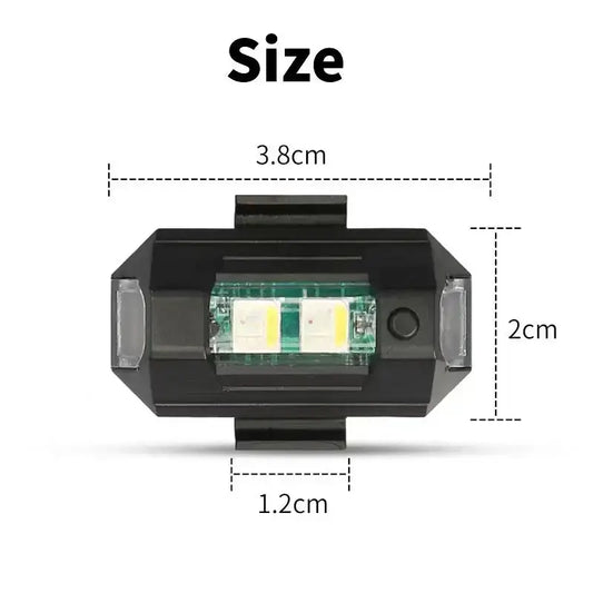 Detailed dimensions of motorcycle led light, compact size showing 3.8cm width, 2cm height, and 1.2cm depth.